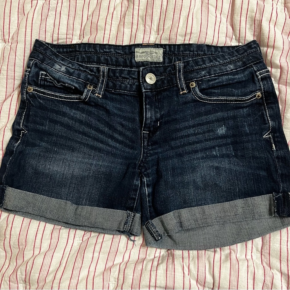 Aeropostale Cuffed Booty Jean Short size 1-2 Dark Wash Low Rise Distressed